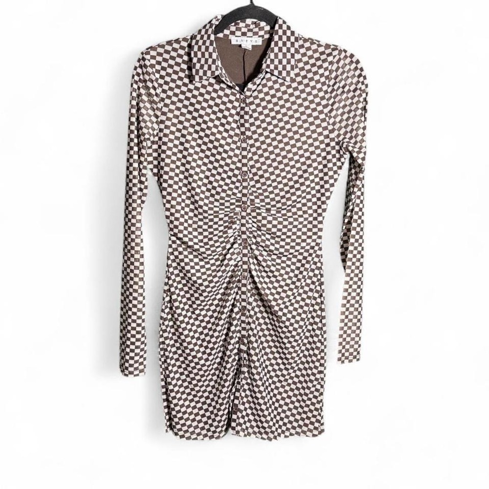 HYFVE size small white + brown mesh checkered mini dress with ruched detail